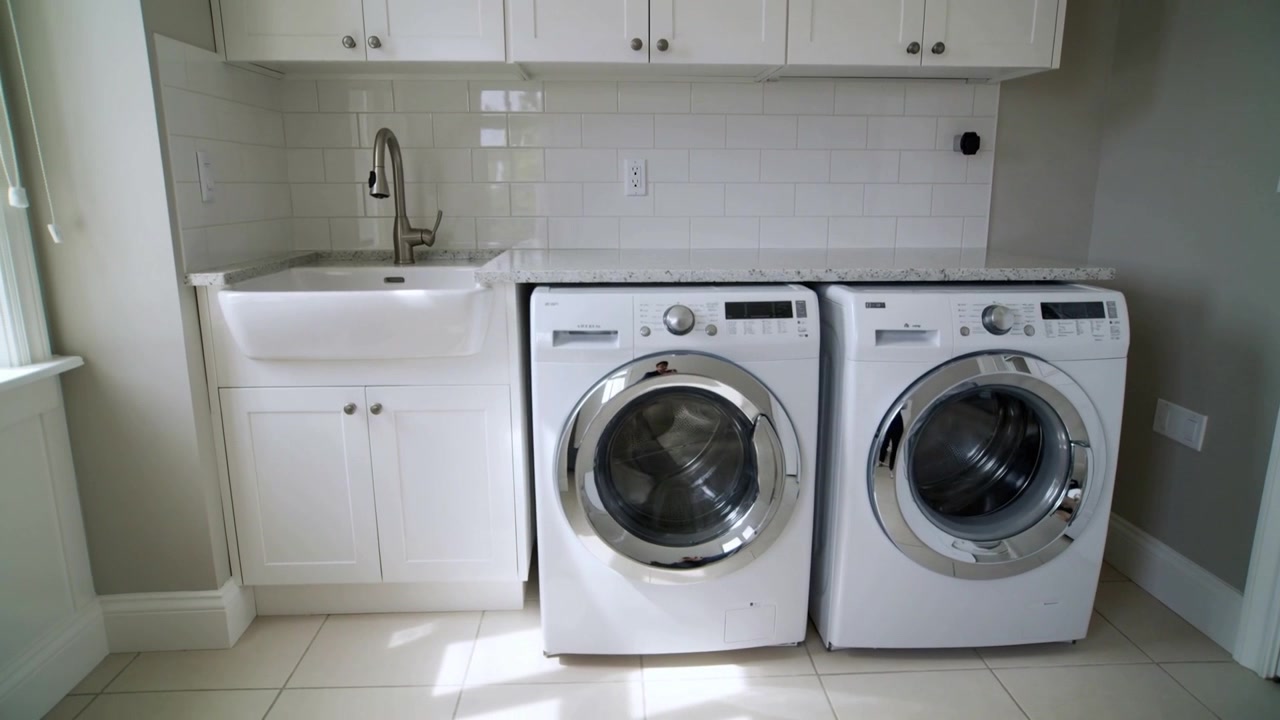 Sliding camera revealing front-load washer and dryer in home laundry room as window light shifting