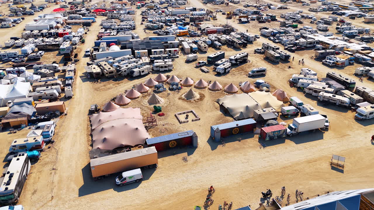 Nevada, USA, 25 August 2025: Aerial drone view showing the Burning Man camp filled with tents, RVs, and art installations under a clear sky
