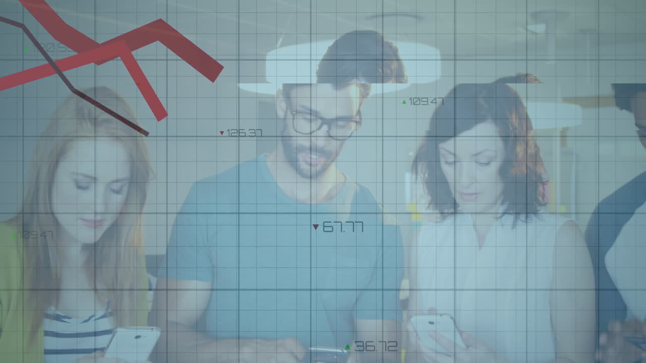 Analyzing data, business team in office with animation of downward trend graph