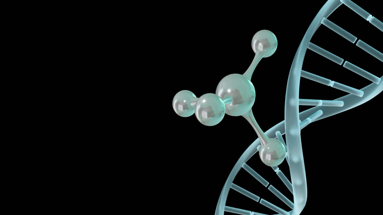 animación de micro 3d de moléculas y hebra de adn en fondo negro