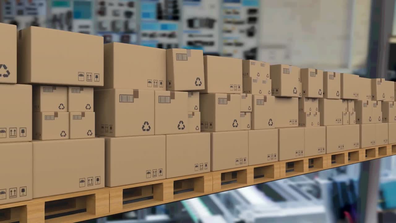 animación de cajas de cartón en cinta transportadora en el almacén
