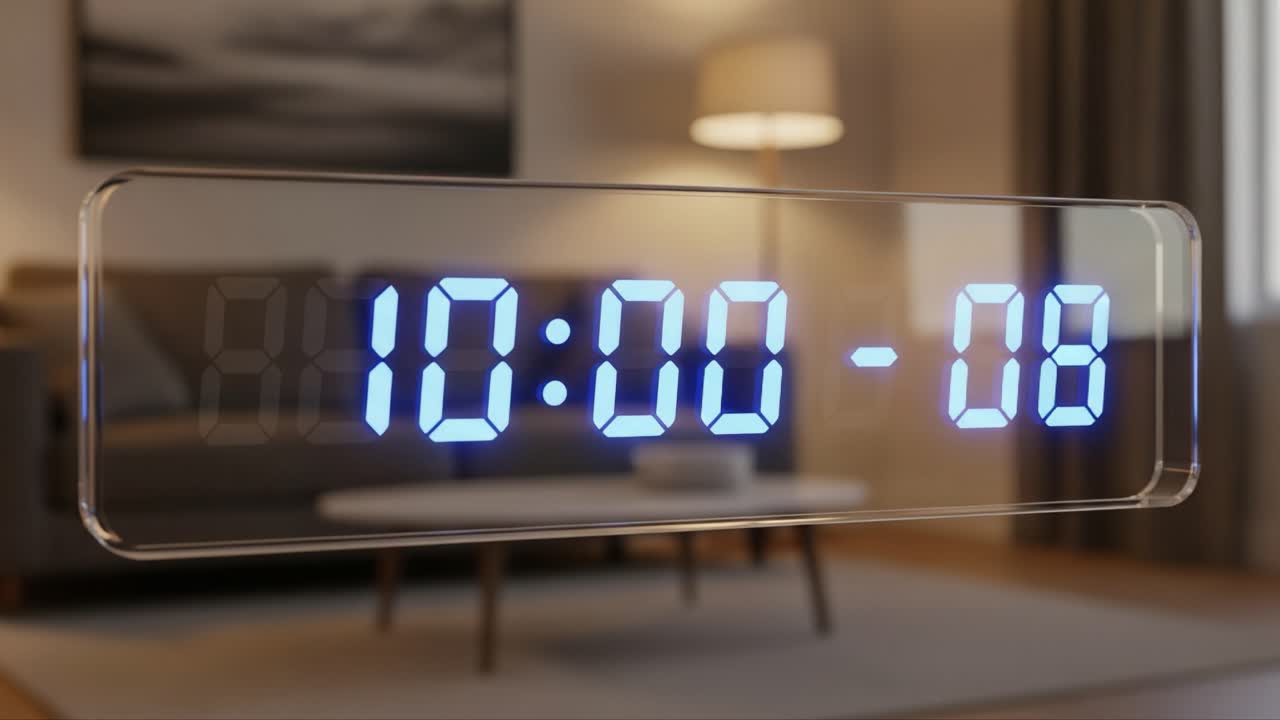 Digital Timer Displaying Countdown of 10 Minutes, Active in Home Setting with Modern Decor, Illuminating Time in a Relaxed Living Room Atmosphere