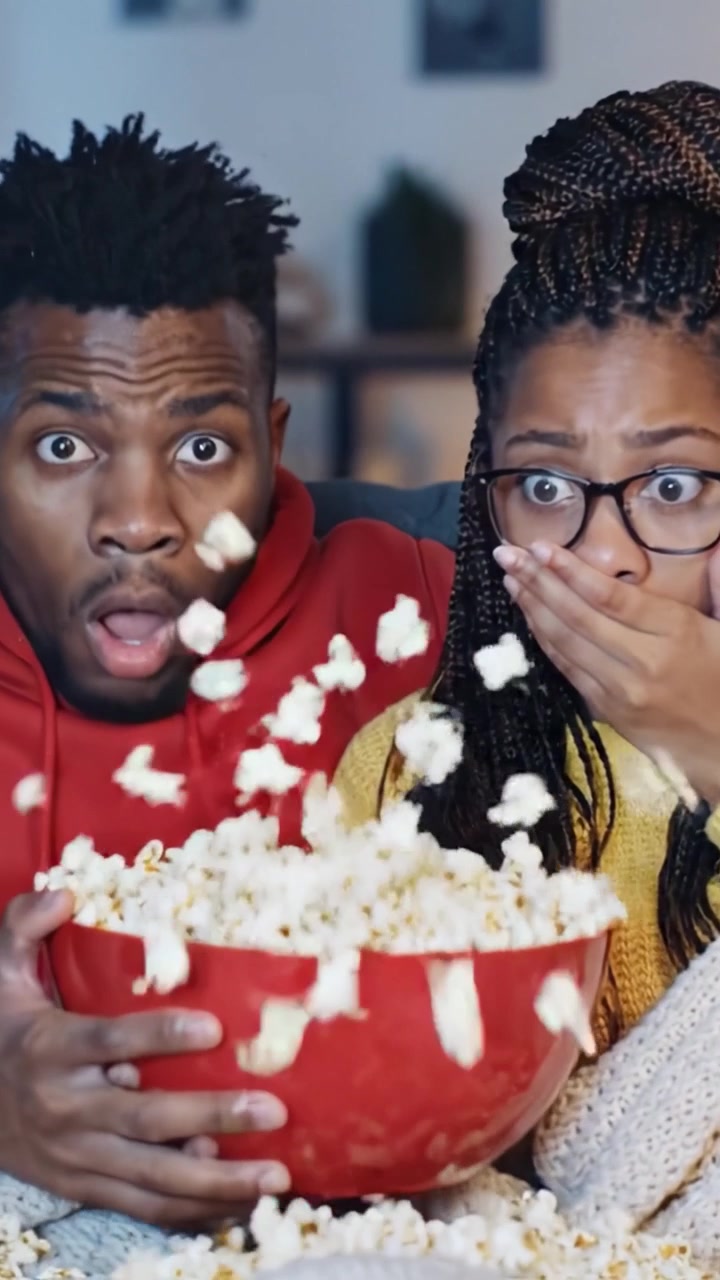 Una serata film di suspense: la reazione avvinta di una coppia a una scena avvincente, che cattura la loro paura e attesa mentre gustano popcorn insieme.