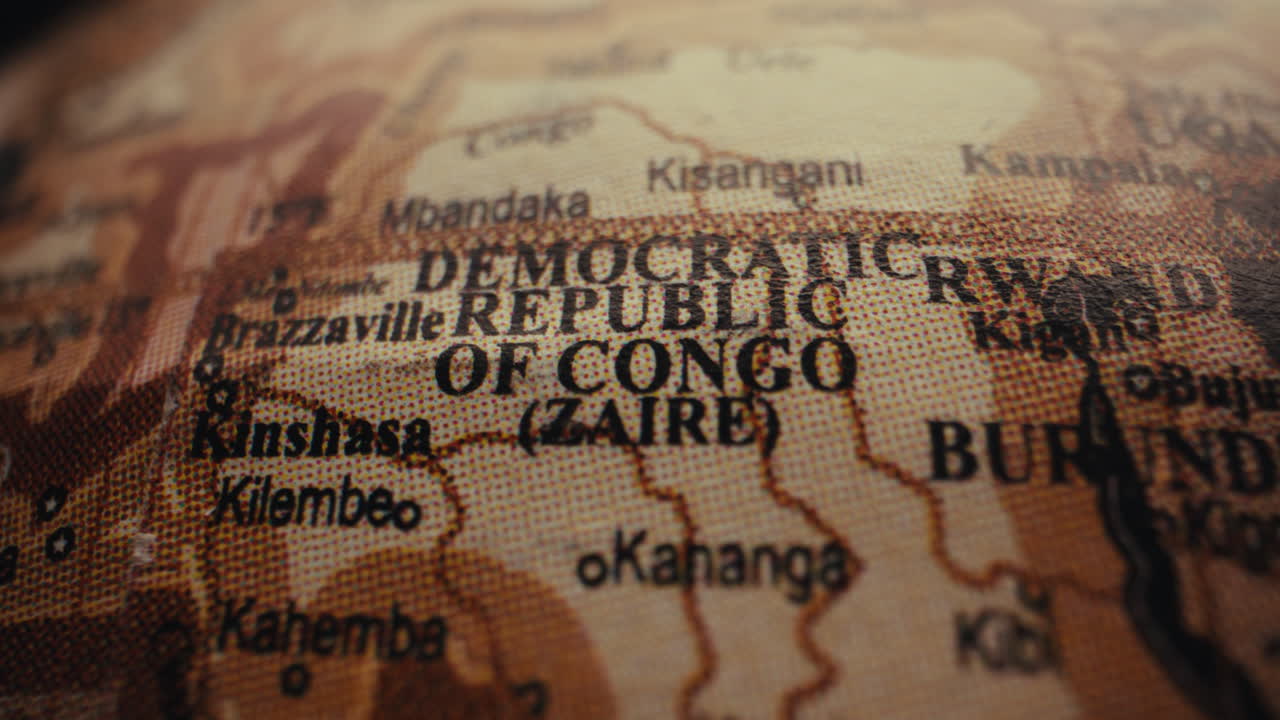 Close-up of a world map, focusing on the Democratic Republic of Congo