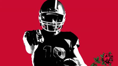 animation of black and white american football player pointing, over red roses falling, on red