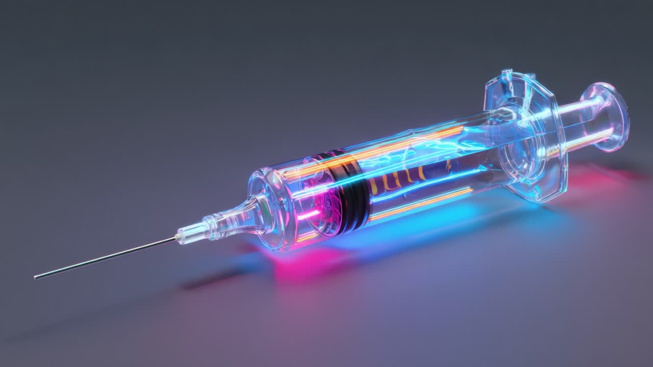 A Stunningly Illuminated Syringe Captured in Vibrant Neon Colors, Showcasing the Artistry of Light and Design in Medical Equipment Representation