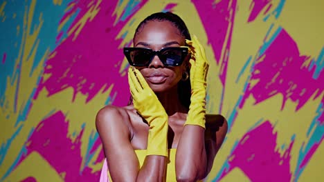 stylish woman in yellow gloves and sunglasses