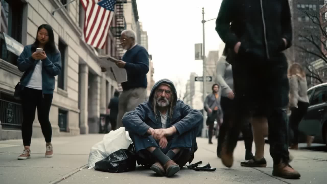 A Striking Contrast: The Overlooked Homeless Man Amidst a Bustling Urban Environment, Reflecting the Indifference of City Life and Social Isolation