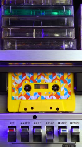 audio cassette tape playing in deck from 1980s, vertical close up