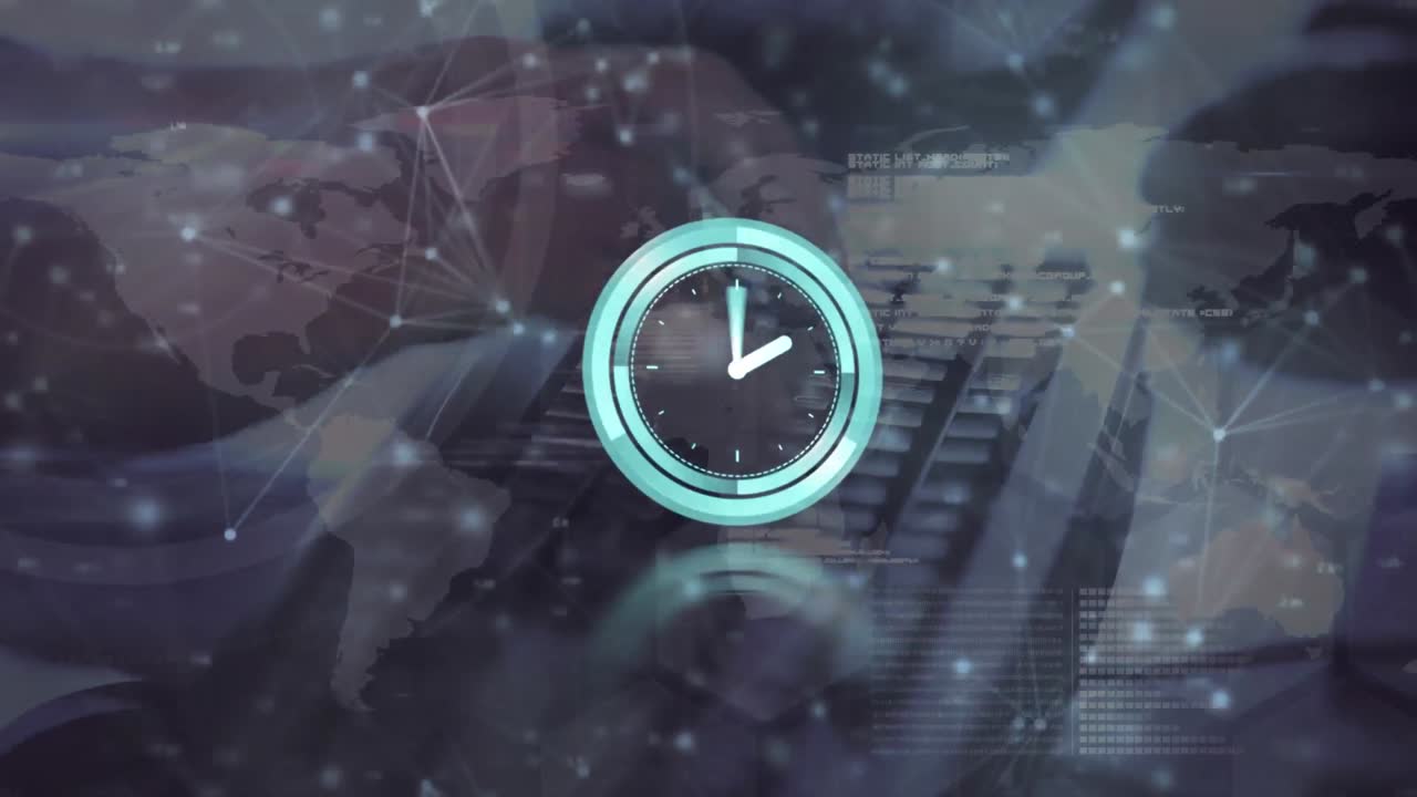 Animation of networks of connections and data processing over hands typing on keyboard