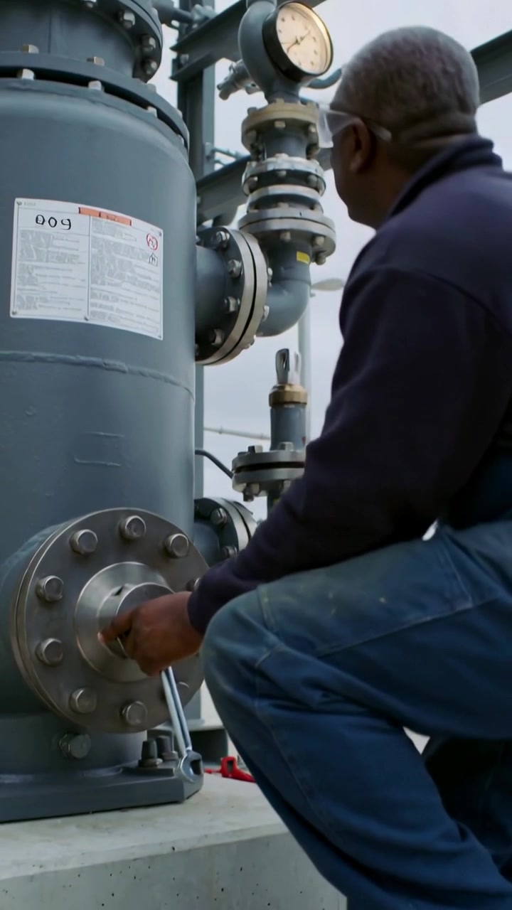 Vertical video: Taking call site tech in goggles turning flange with tool reading gauge, copy space