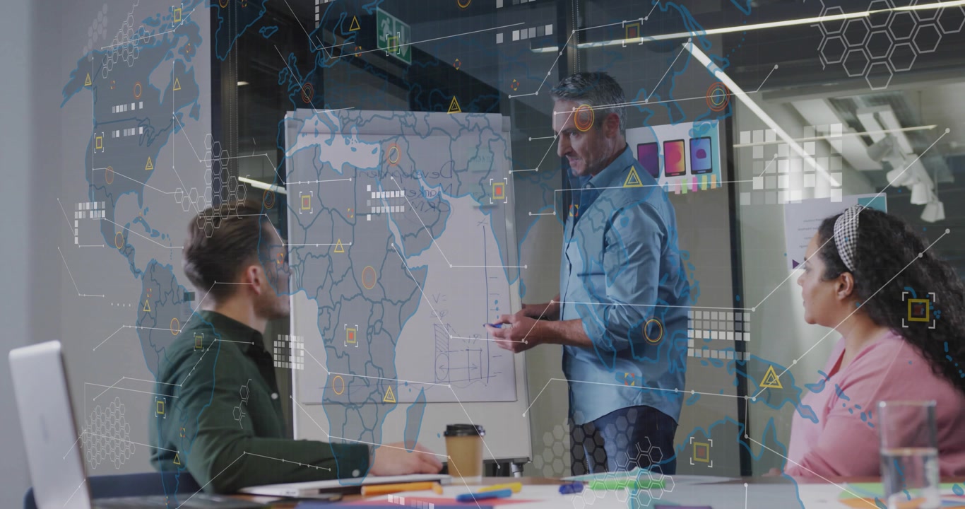 Male presenter entering and sketching Africa map on chart with overlays explaining business trends