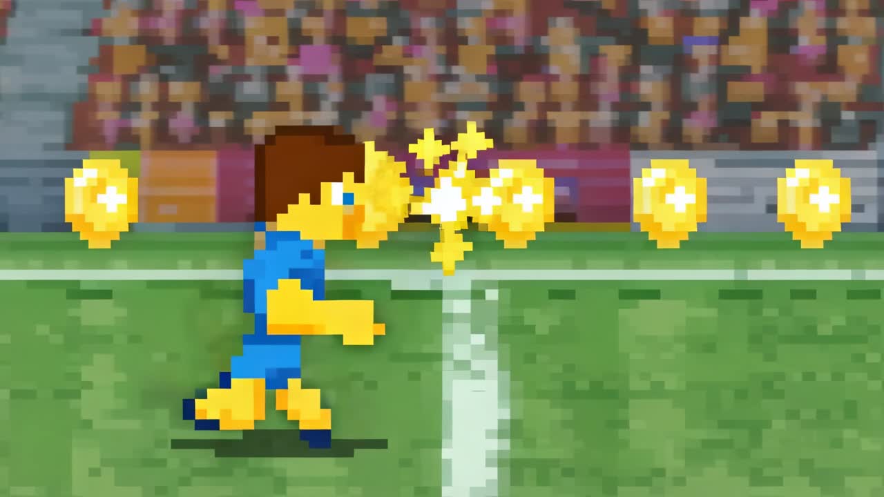 Atleta pixelizzato in completo blu che corre, si avvicina e raccoglie monete d'oro sul tappeto erboso dello stadio per i punti.