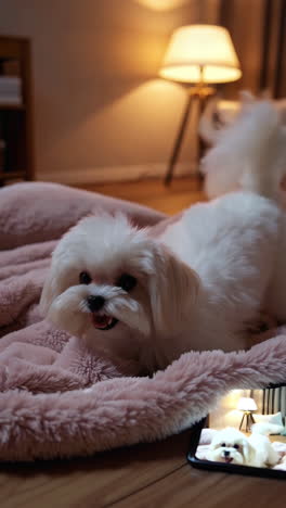 white maltese puppy in a cozy bedroom