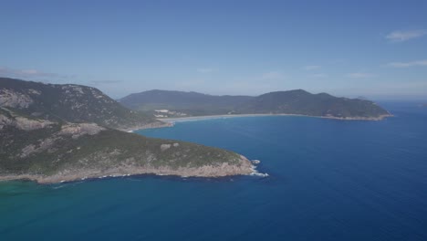 Tranquil-Seascape-And-Headlands-In-Wilsons-Promontory-National-Park,-Australia---aerial-shot
