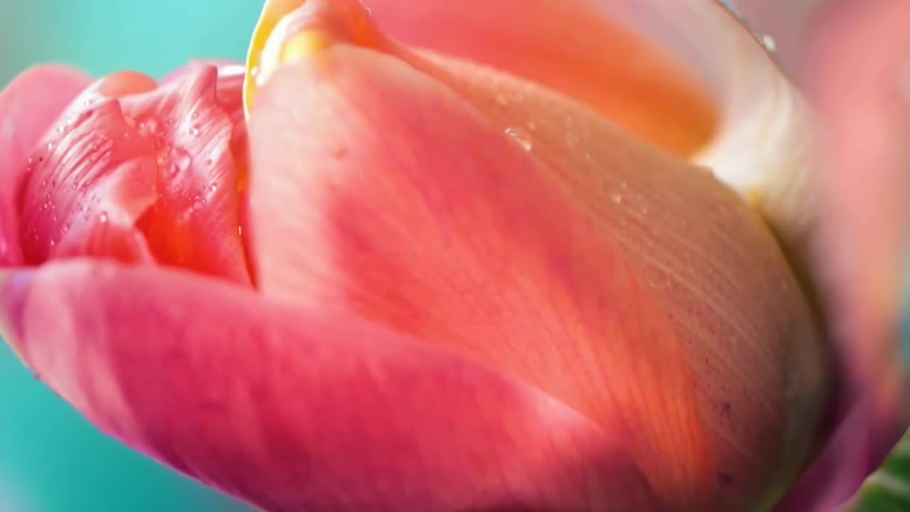 横からのアングルで撮影された、水滴がついた鮮やかなチューリップのクローズアップ動画。