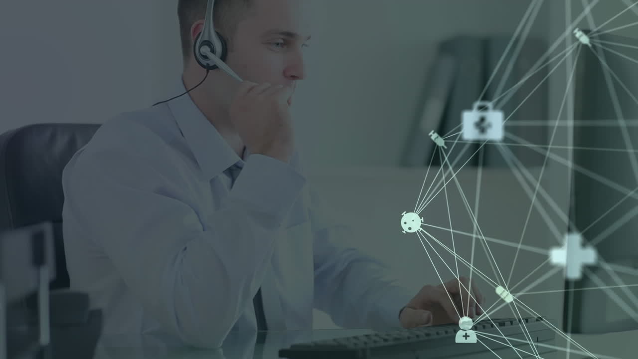 Animazione di una rete di connessioni e icone su un uomo d'affari con cuffie