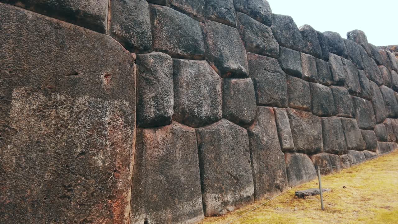Close up view of stairway and megalithic stone wall at Sacsayhuamán ruins, Cusco, Peru