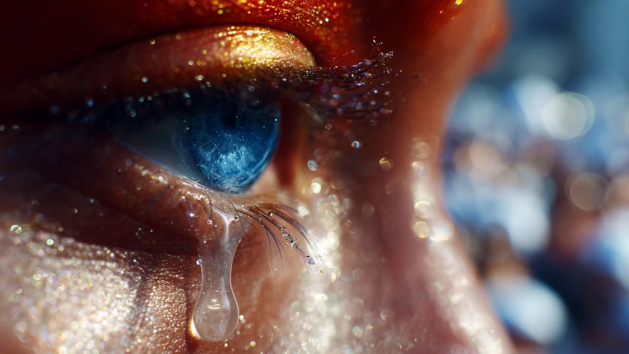 A Close-Up of a Glittering Eye Capturing Emotion with Tears of Joy, Sparkling Details Reflecting Light, and Beautiful Highlights Creating a Dramatic Visual Experience