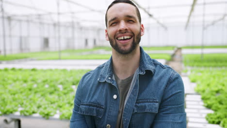 Farming,-greenhouse-and-man-in-garden