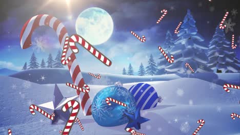 Animation-Von-Schneefallenden-Zuckerstangen-über-Weihnachtsdekorationen-Und-Winterlandschaft