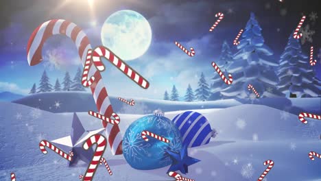 animación de nieve cayendo caramelos sobre decoraciones de navidad y paisajes de invierno