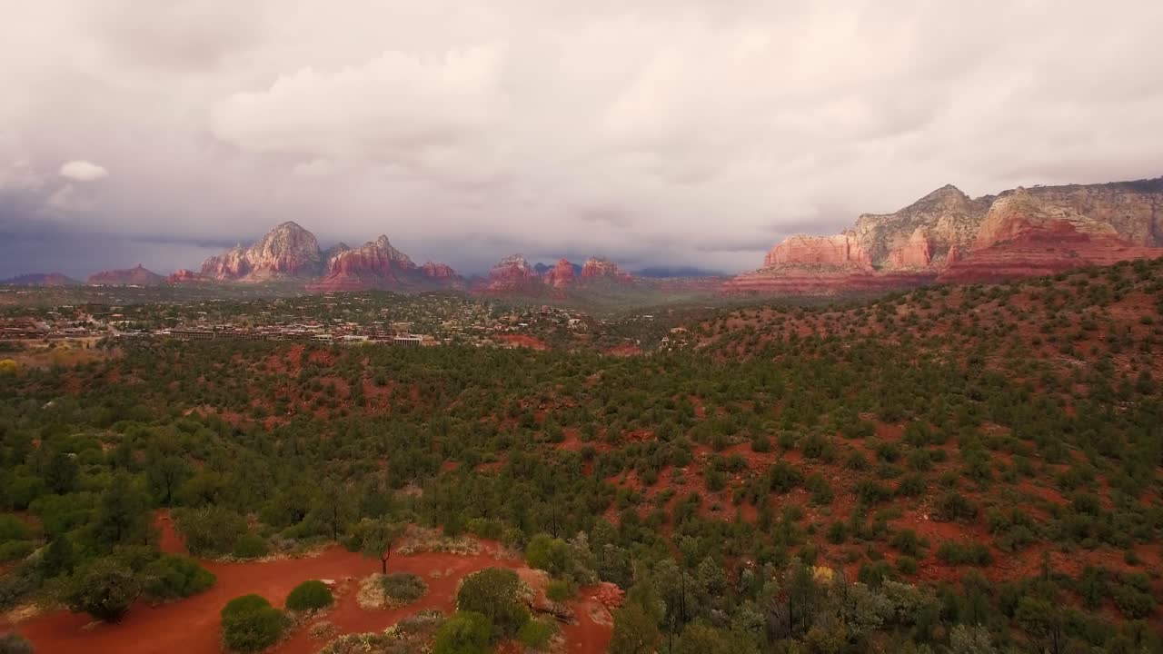 Aerial of the red rock formations in Sedona Arizona,