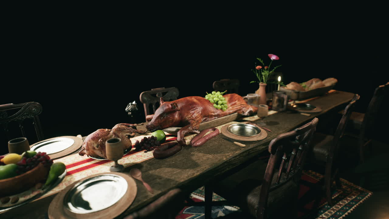 A lavish banquet table filled with an array of food and drinks in a dim setting