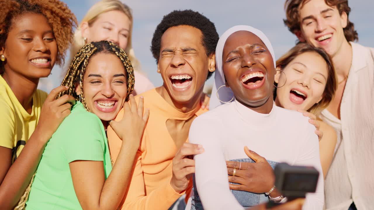 Happy multi-ethnic friends laughing while filming with wearable camera outdoors