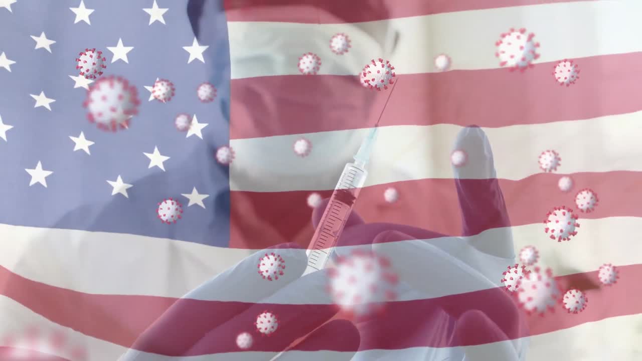 Animation of covid 19 cell floating over flag of usa and doctor holding syringe