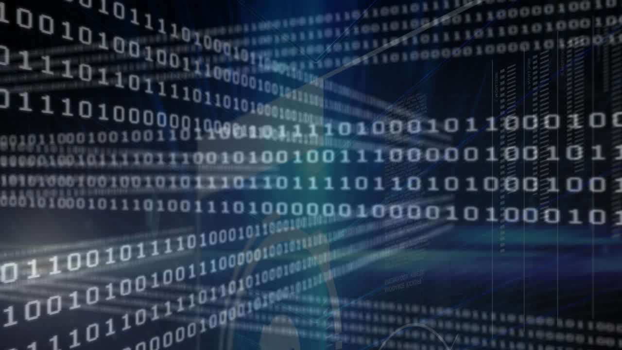 Animation of binary coding and data processing over dark background