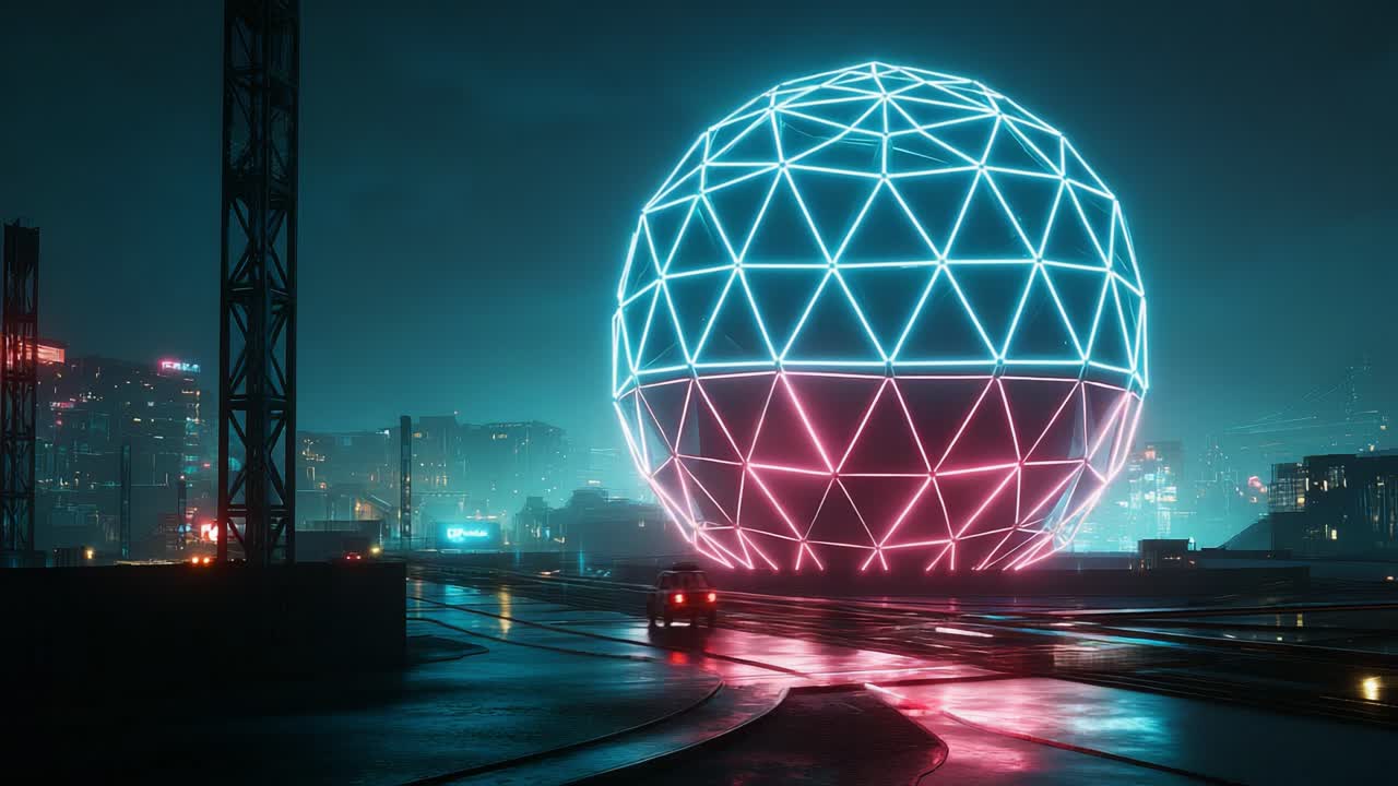 A striking neon-lit spherical structure dominates the urban landscape at night, surrounded by reflections of city lights and the presence of a lone vehicle passing by in this captivating futuristic scene