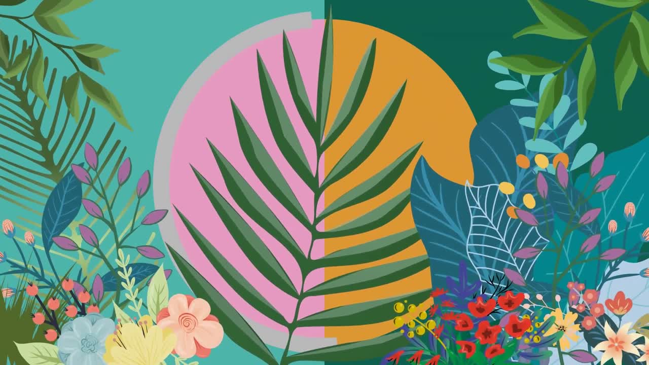 animación de ilustración de formas exóticas de hojas y flores sobre círculo rosado y naranja, en verde