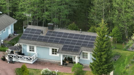 aerial: rising in front of a off-grid house, in middle of the forest, summer day