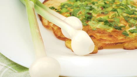 onion pizza on white dish. national cuisine of udmurts: the tabani. onion feathers and tortilla