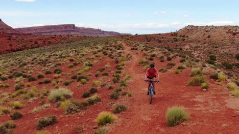 toma aérea de una mujer montando en bicicleta de montaña a una hermosa vista de los acantilados de piedra arenisca