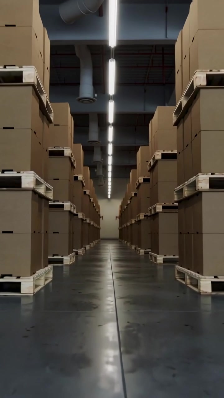 Video verticale: Telecamera che scorre lungo un corridoio di magazzino, rivelando scatole su pallet e la disposizione nel deposito.