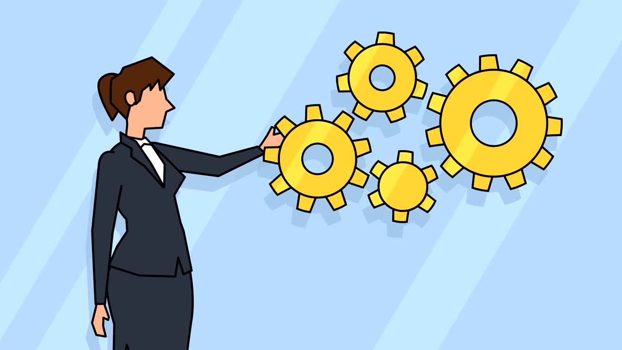 Flat cartoon businesswoman character rotates golden gears concept animation