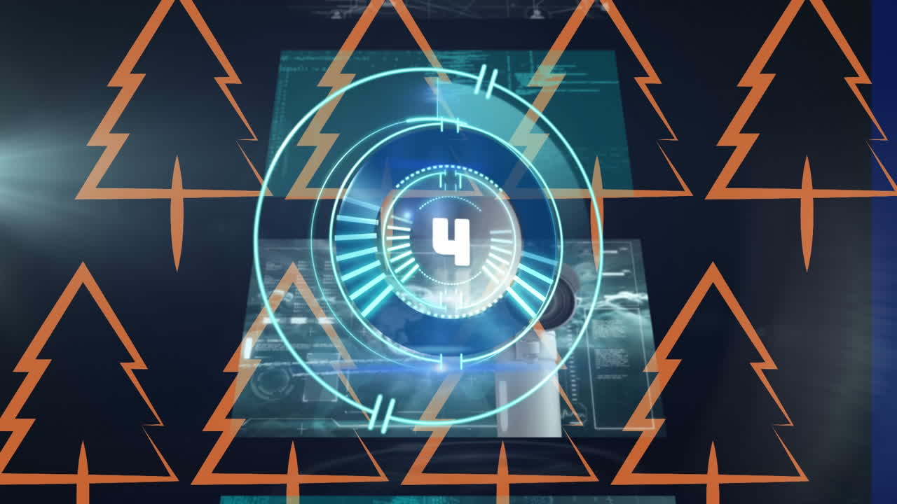 animación del escaneo del alcance sobre el procesamiento de datos e iconos de árboles sobre fondo negro