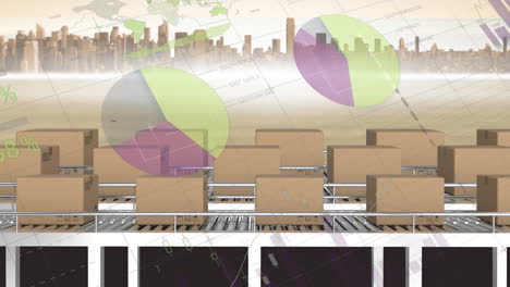 animation of statistics processing over cardboard boxes on conveyor belts