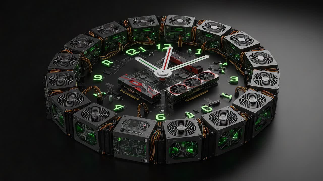 An Intriguing Digital Clock Design Featuring Graphics Cards and Power Supplies In a Unique Circular Arrangement with Vibrant Green Illumination and a Futuristic Aesthetic