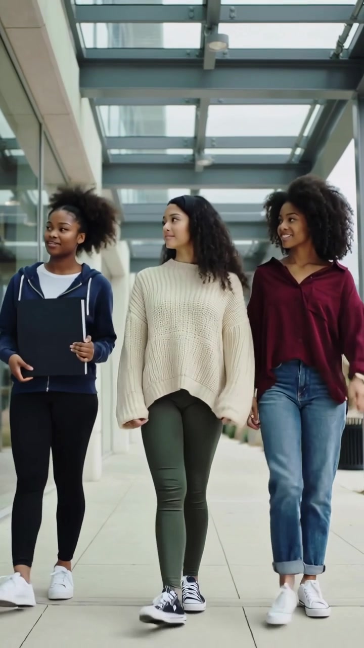 Video verticale: Tre donne che camminano in abbigliamento casual con un raccoglitore nero su un passaggio coperto, osservando un vetro