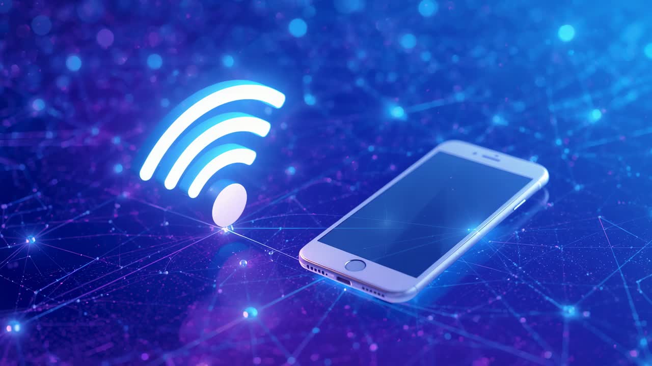 Pulsing Wi-Fi icon sending luminous sweeps along network grid toward smartphone establishing link
