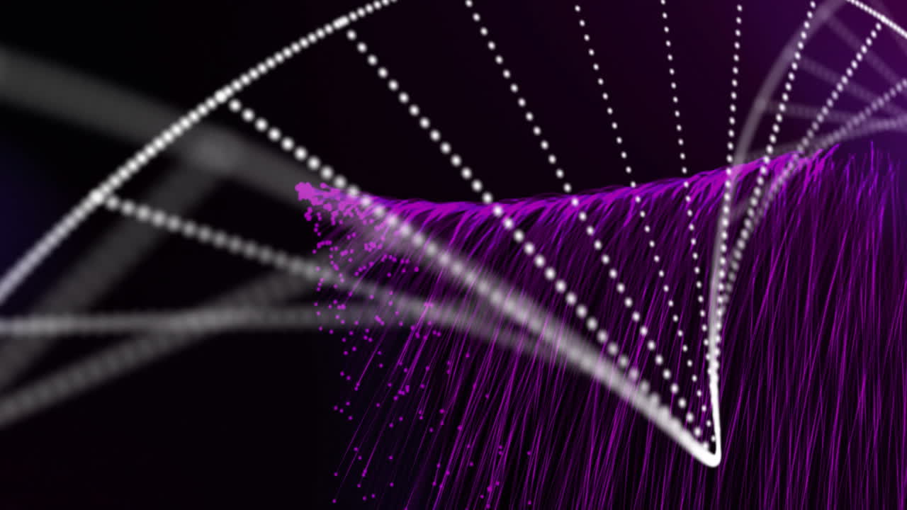 Animation of purple spots falling and dna strand on black background
