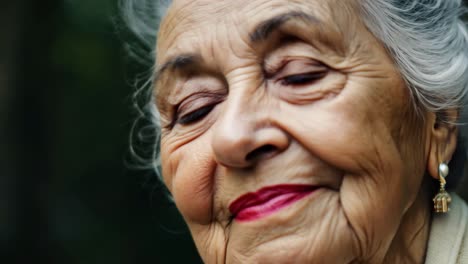 retrato en primer plano de una anciana con cabello gris y lápiz labial rojo