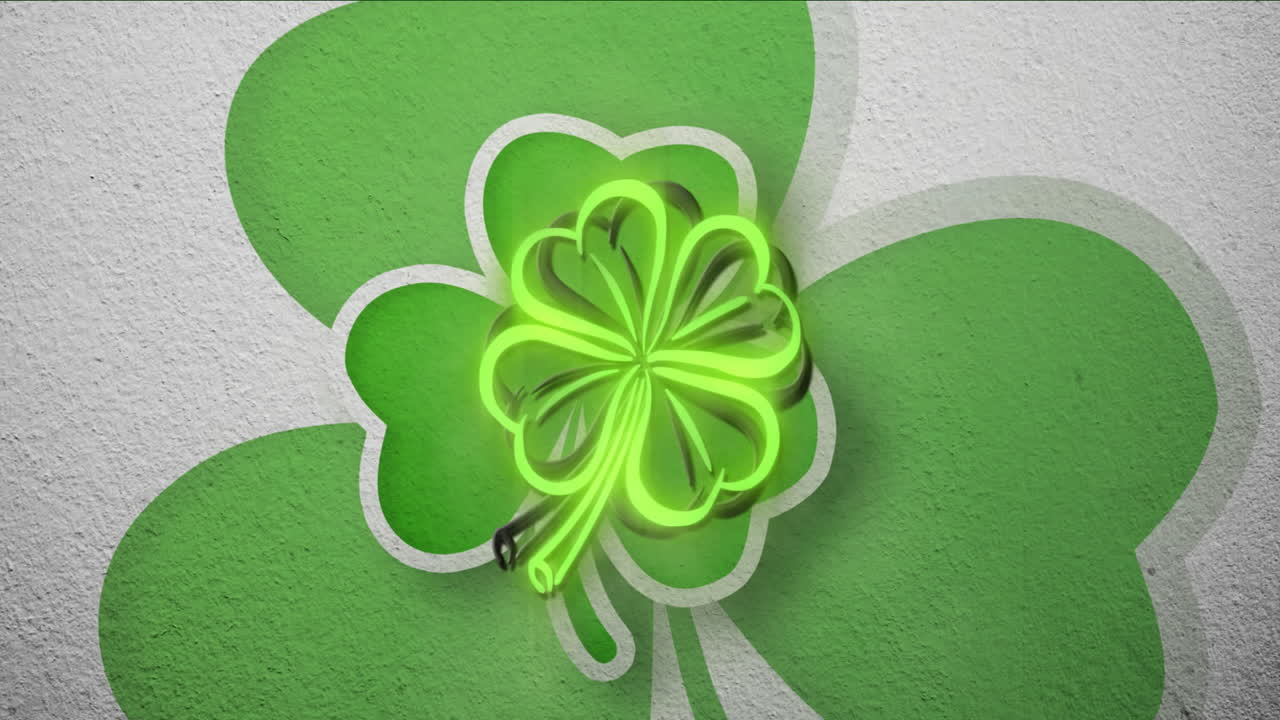 Glowing green shamrock animation over textured green and white background