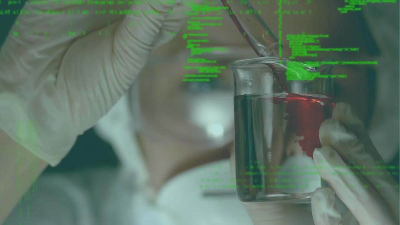 Animation of data processing over caucasian female scientist with beakers