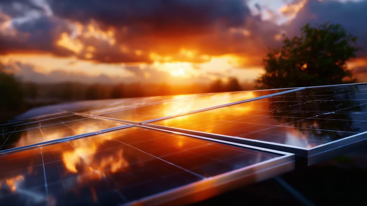 Captivating Sunset Reflected on Solar Panels, Illuminating Renewable Energy's Promise and the Beauty of Nature's Vibrant Colors at Dusk