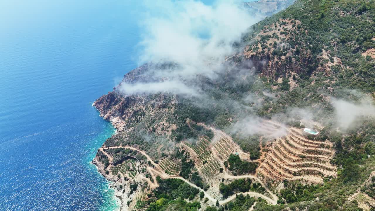 Aerial view of coastal cliffs with lush greenery and vibrant blue sea