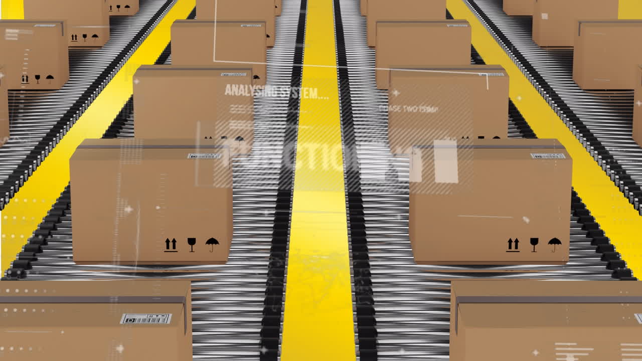 animación de la interfaz con procesamiento de datos contra cajas de entrega en cinta transportadora